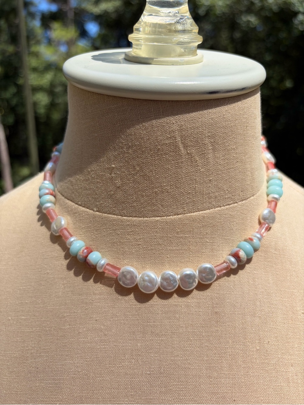 N12 Handmade Adjustable Impression Jasper & Freshwater Pearl Chunky Necklace
